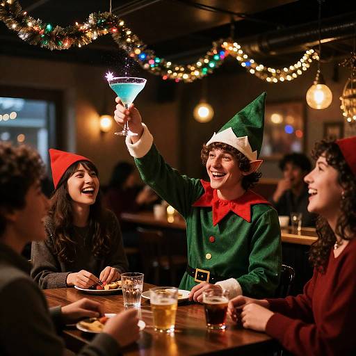 Winter Elf Raising Glass in Festive Pub