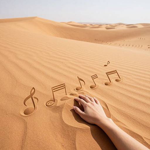 Photograph of a hand writing musical notes (treble clef and four eighth notes) in golden sand dunes under bright sunlight.