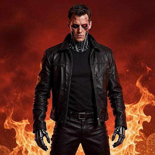 Photograph of a muscular man with short dark hair, wearing black leather jacket, gloves, and sunglasses, standing in front of fiery red-orange flames.