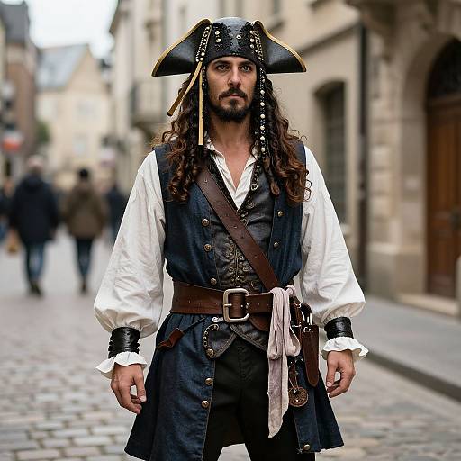Photograph of a rugged pirate with long brown hair, black tricorn hat, white shirt, black vest, brown belt, and leather cuffs, standing