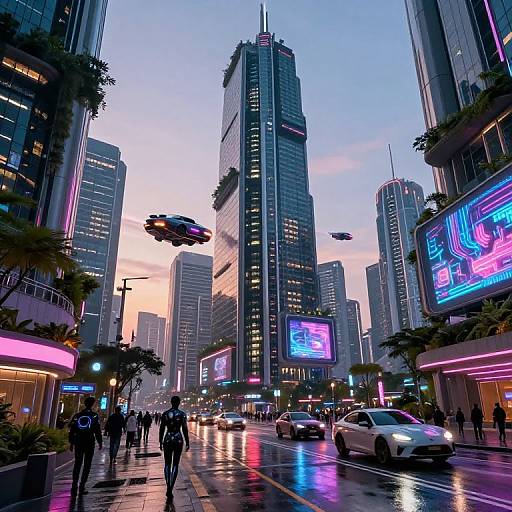 Neon-lit futuristic city street at dusk, featuring flying cars, tall skyscrapers, wet reflective roads, and colorful digital billboards.