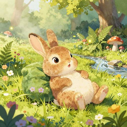 Whimsical digital illustration of a cute, light-brown bunny with large ears, lying on lush green grass by a small, winding stream, surrounded