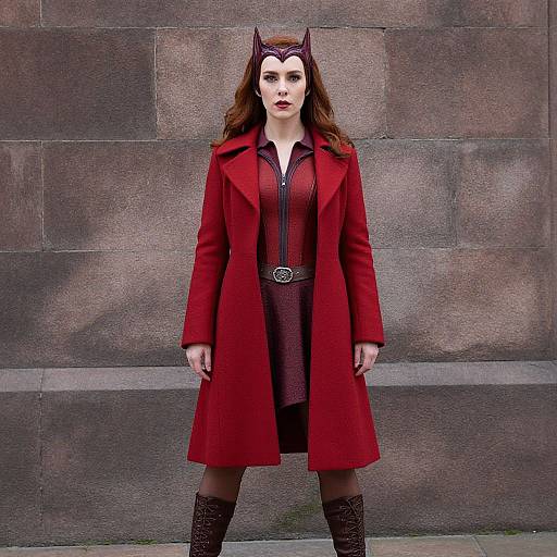 Photograph of a woman with dark hair, wearing a red coat, black dress, cat ears headband, and black boots, standing against a gray