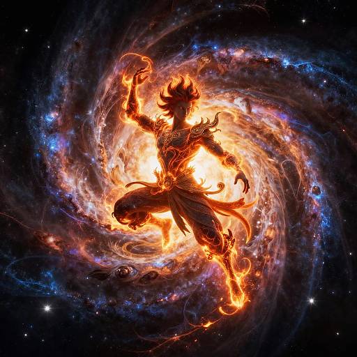 Digital artwork: Silhouetted, fiery dancer with flowing robes and horns, dancing in a swirling vortex of vibrant orange, blue, and purple cosmic