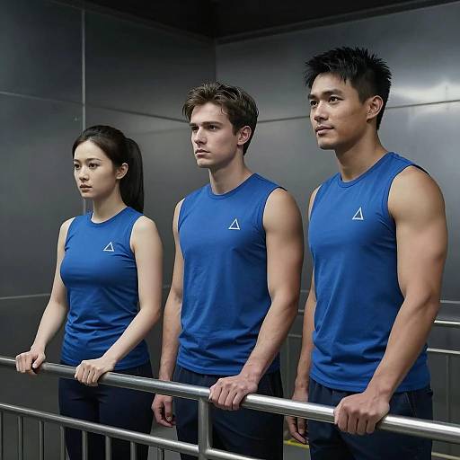 Three Individuals in a Metallic Room