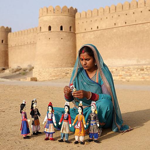 Indian woman in blue saree with red bindi, sitting in desert, arranging colorful doll figures in front of ancient fort.