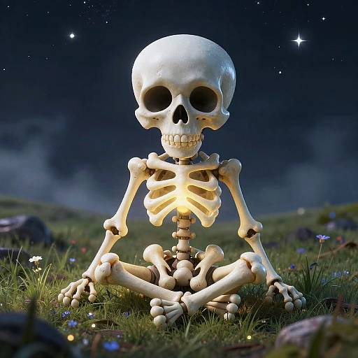 Photorealistic CGI of a glowing white skeleton sitting cross-legged in a grassy field under a starry night sky.