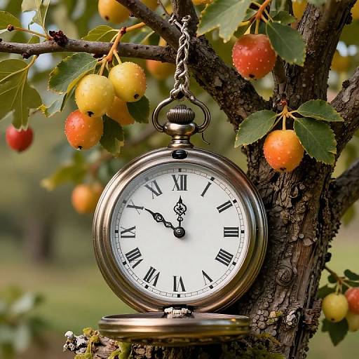 Vintage silver pocket watch with black Roman numerals hangs from a tree branch, surrounded by red and yellow apples in a sunlit orchard. Photograph.