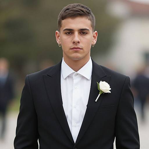 Photograph of a young man with short brown hair, wearing a black suit, white shirt, and white rose boutonniere, standing outdoors with