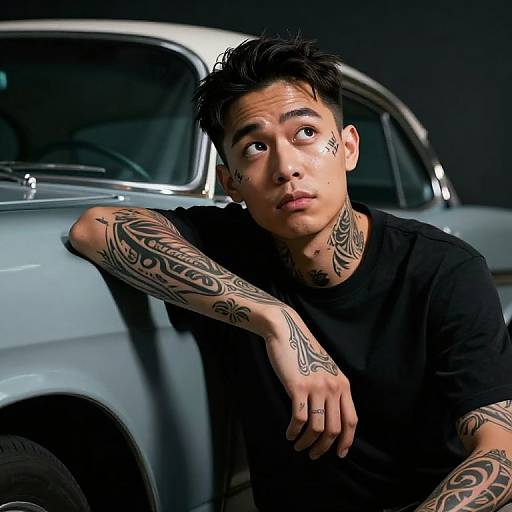 Photograph of a tattooed Asian man with short black hair, wearing a black shirt, leaning on a blue vintage car. He has wide eyes and