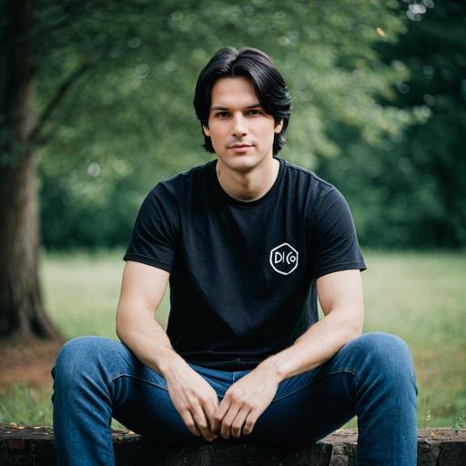Young man in black t-shirt sitting outdoors