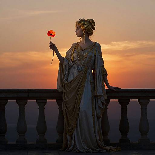 Photograph of a Classical-style woman in flowing, gold-trimmed gown, holding a red poppy, silhouetted against a vibrant sunset