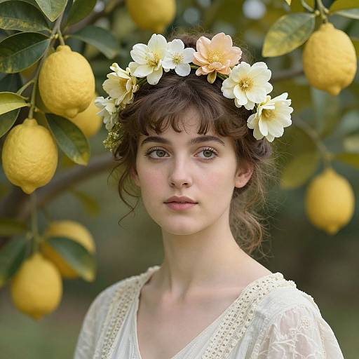 Photograph of a young woman with fair skin, brown wavy hair, wearing a white floral crown and lace dress, surrounded by lemons in a