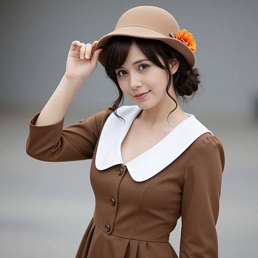Young Asian woman with fair skin, black hair in a loose bun, wearing a brown dress with white collar, and matching hat adorned with orange flower,