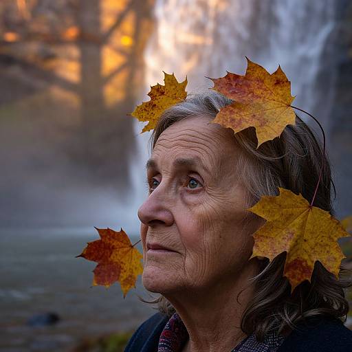 Photograph of elderly woman with gray hair, wearing autumn leaves in her hair, looking pensively at a waterfall in the background.