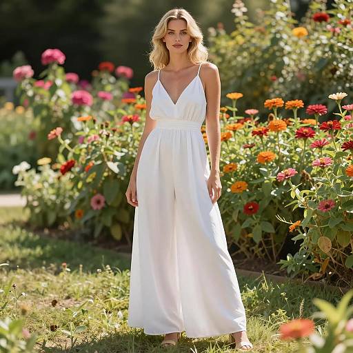 Blonde Woman in White Maxi Dress in Flower Garden