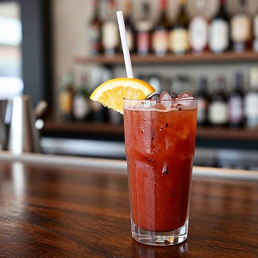 Photograph of a refreshing red cocktail in a glass with an orange slice, ice cubes, and a white straw, on a wooden bar counter, with