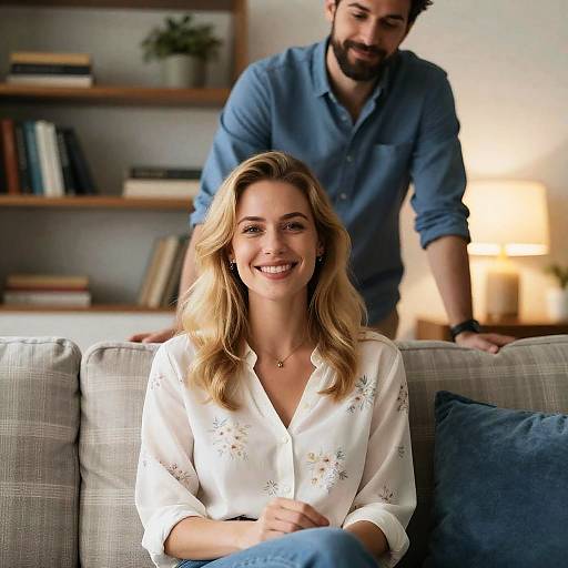 Warm Living Room Scene with Happy Couple