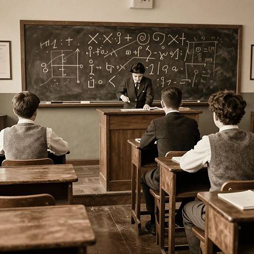 Vintage photograph of a classroom: Four male students in vests and white shirts sit facing a chalkboard filled with complex math equations, a male teacher stands at