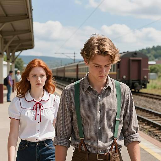 Rural Train Station with Young Couple