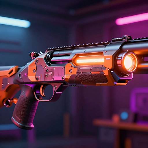 Photorealistic CGI image of a futuristic, neon-lit, orange and black sci-fi handgun with glowing light on the barrel, set against a blurred