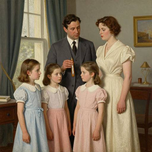 Photograph-style digital painting of a 1950s family scene: father in suit, mother in cream dress, three girls in pastel dresses,