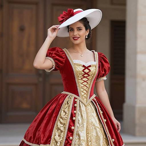 Photograph of a smiling woman in a red and gold Renaissance-style dress with puffed sleeves, lace corset, and white hat with red bow,