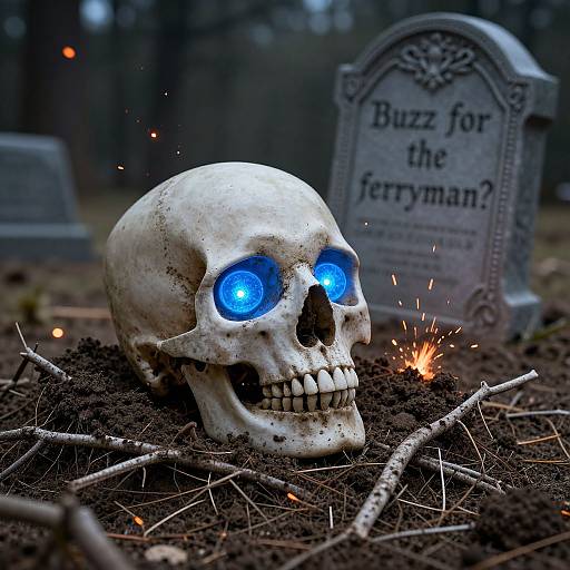Photograph of a glowing blue-eyed skull in a grave, surrounded by dirt and small sparks, with a 