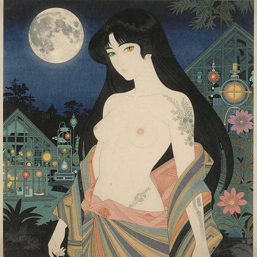 Ukiyo-e Alchemist Queen in Bioluminescent Greenhouse