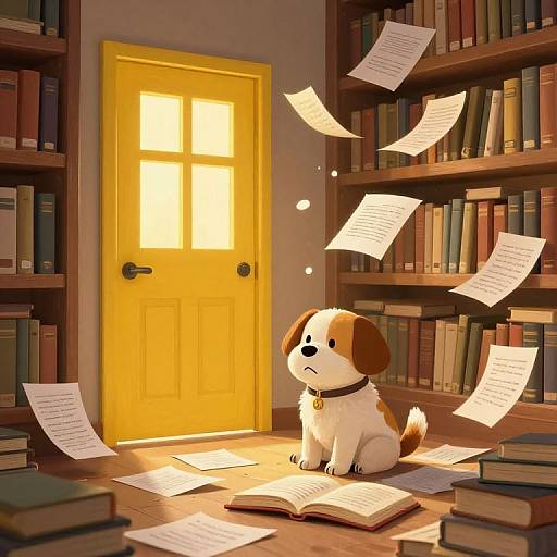 Cute cartoon dog with brown and white fur sits on wooden floor in sunlit yellow door library, surrounded by floating papers and books.
