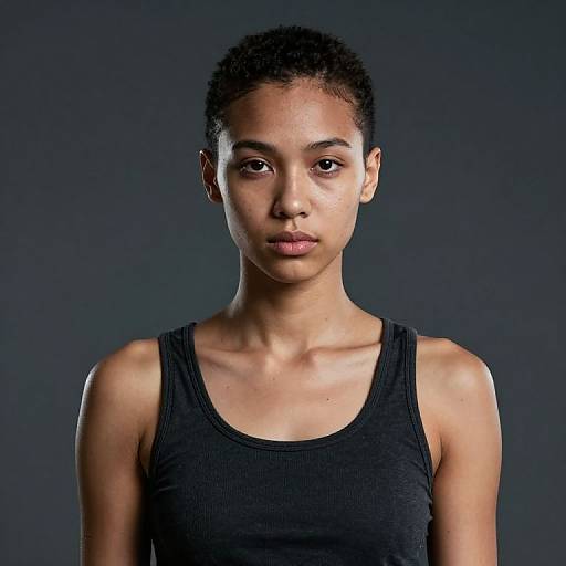 Photograph of a young Black woman with short curly hair, wearing a black tank top, against a dark gray studio background.