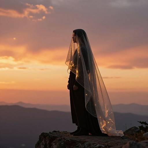 Silhouetted figure in veil stands on rocky ledge at sunset, illuminated by warm golden light, against a purple-orange sky.