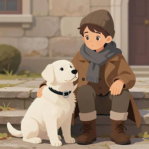 Boy and Puppy on Stone Steps