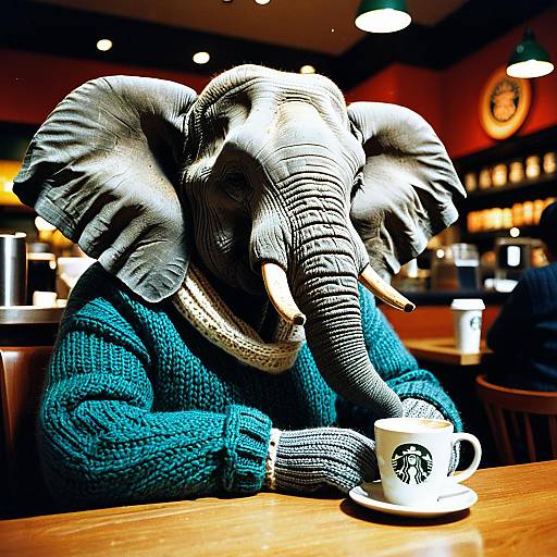 Elephant in Sweater Drinking Coffee at Starbucks