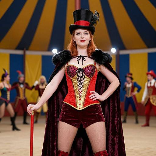 Photograph of a red-haired woman in a red corset, black fur cape, and top hat, holding a cane, standing in a circus tent