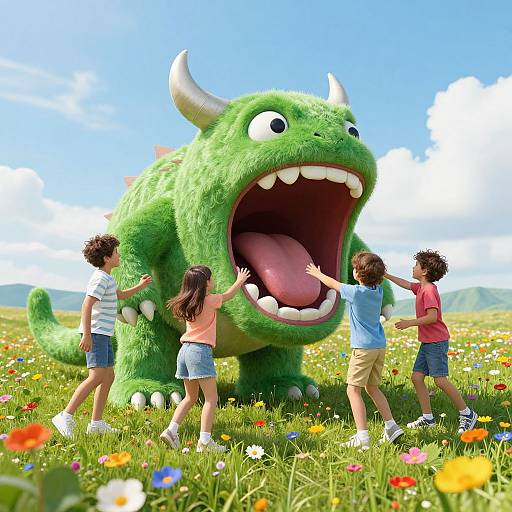 CGI image of four children teasing a large, green, cartoonish dragon with horns and a wide open mouth in a colorful meadow. Bright blue
