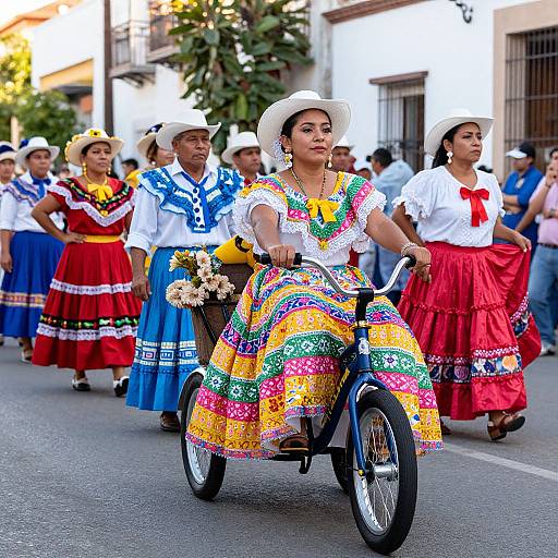 Photograph of a colorful Mexican parade featuring women in vibrant, traditional dresses and hats riding bicycles, led by a woman in a bright yellow, green,