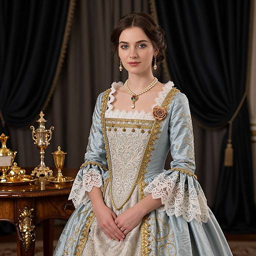 Photograph of a fair-skinned woman with dark hair in an ornate, light blue and white Renaissance-style gown, standing in a luxurious, dark
