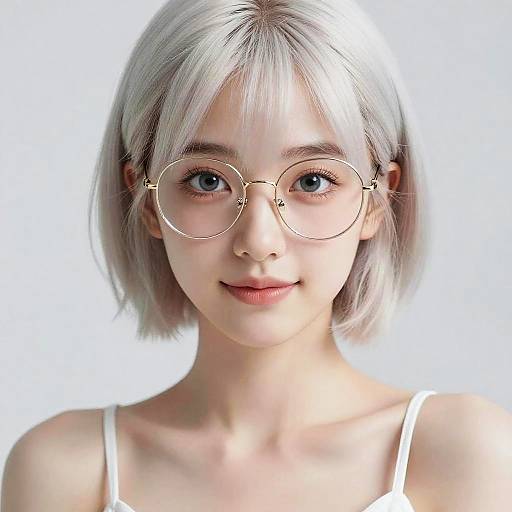Digital portrait of a young woman with pale skin, short white hair, large round gold glasses, and a white spaghetti strap top.
