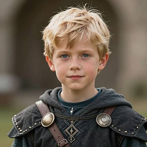 Photograph of a young, blonde boy with blue eyes, wearing a black, medieval-style cloak with silver buttons and intricate patterns, standing outdoors with a
