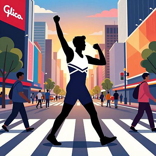 Digital illustration of a silhouetted woman with raised arm, crossing city street at sunset, surrounded by colorful skyscrapers, pedestrians, and trees