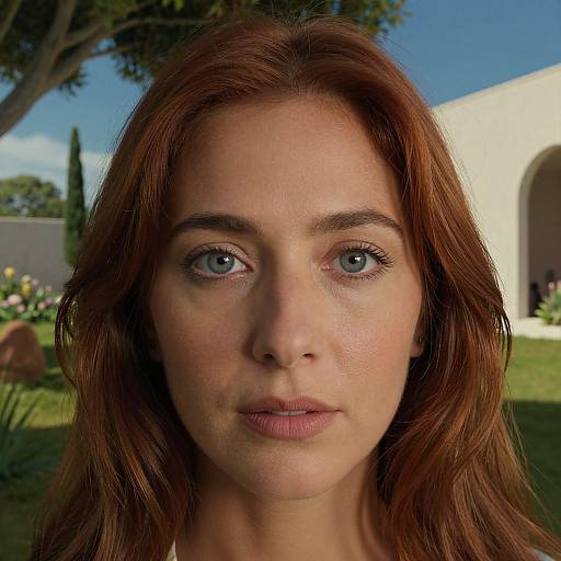 Photograph of a fair-skinned woman with blue eyes, red hair, and pink lips, standing outdoors in a sunny garden with white arches and