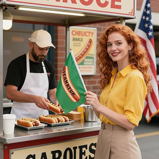 Hot Dog Stand Scene with Redhead and Vendor