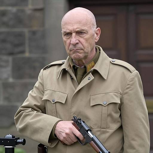 Serious Man in Military Coat with Gun