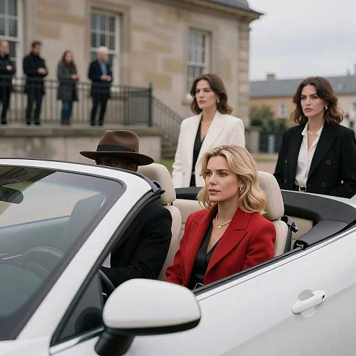 Group in White Convertible by Stone Building