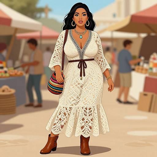 Digital illustration of a curvy woman with dark hair, wearing a white lace dress, brown boots, hoop earrings, and a colorful woven purse, walking