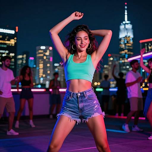 Photograph of a smiling young woman with curly hair, wearing a turquoise crop top and frayed denim shorts, dancing at night in a cityscape with
