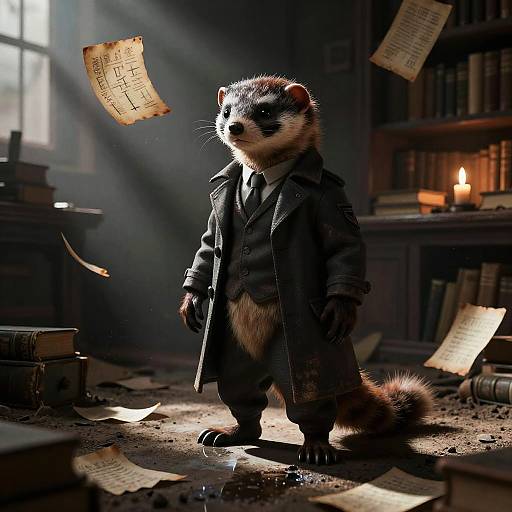 Photorealistic CGI: Stoic ferret in dark, Victorian-style coat stands in dim, cluttered library, sunlight streaming, papers floating, candle