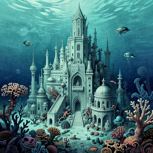Underwater digital illustration of a detailed, blue-tinted, gothic castle with intricate architecture, surrounded by colorful coral reefs and three fish.