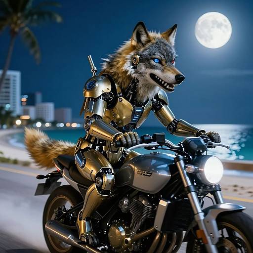 Cybernetic wolf with glowing blue eyes riding a sleek motorcycle under a full moon, ocean and cityscape in the background. Digital art.